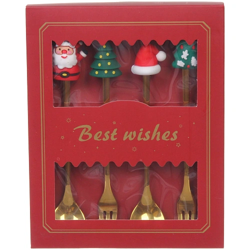 Набор для десерта Дед Мороз и Ёлка 4предмета (2ложки+2вилки) в подарочной коробке,золото_6