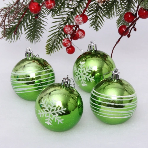 Новогодние шары 6 см (набор 4 шт) "Снежные нити", салатовый/белый