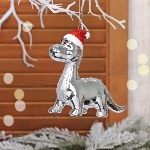 Ёлочная игрушка "Весёлый динозавр" 4*13*11.5 см, Серебро