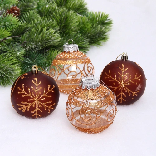 Набор шаров "Морозная вуаль" 8 см (в наборе 4 шт), Шоколад, янтарь
