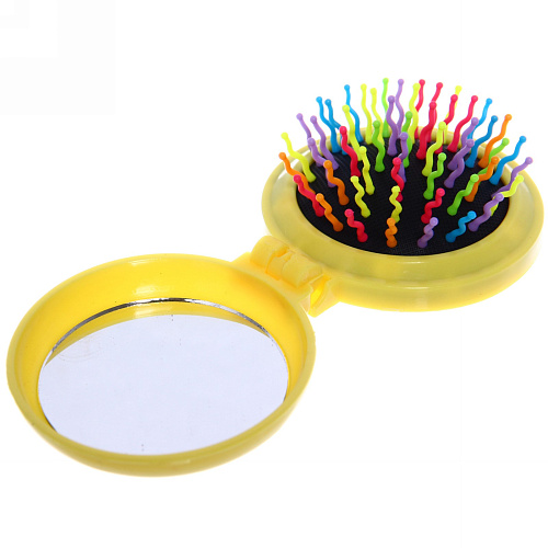 Расческа массажная складная с зеркалом, круглая, разноцветные зубья, d-6,5см_3