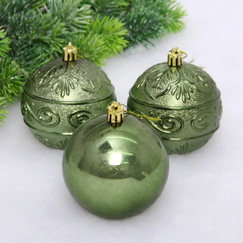 Новогодние шары 8 см (набор 3 шт) "Микс фактур", изумруд