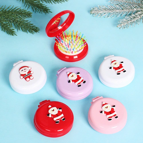 Расчёска массажная складная с зеркалом Новогодний Дед Мороз, цвет микс, d-6см_16