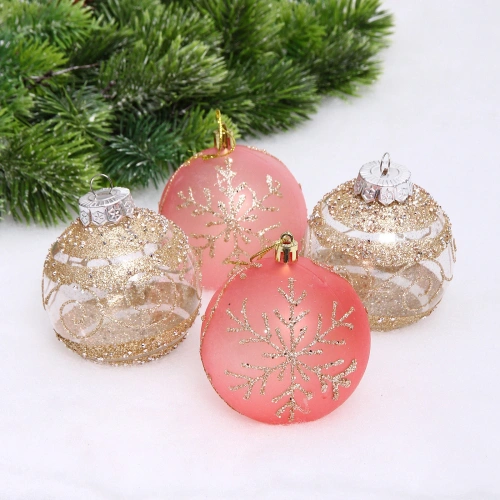 Набор шаров "Морозная вуаль" 8 см (в наборе 4 шт), Розовое золото, шампань