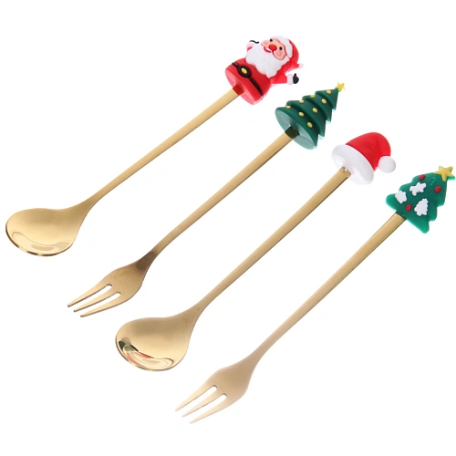 Набор для десерта Дед Мороз и Ёлка 4предмета (2ложки+2вилки) в подарочной коробке,золото_8