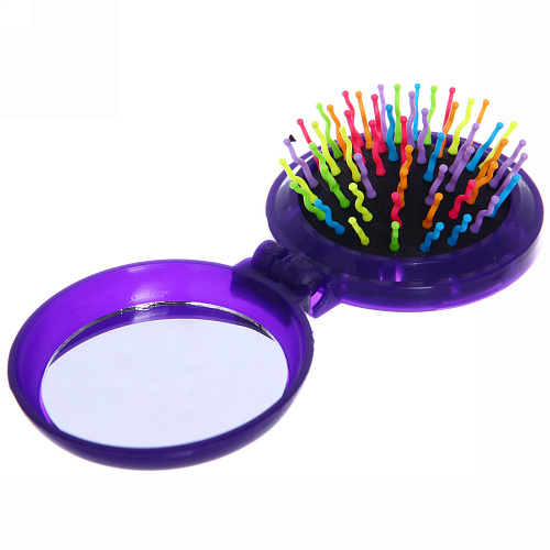 Расческа массажная складная с зеркалом, круглая, разноцветные зубья, d-6,5см_4