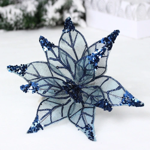 Украшение новогоднее "Пуансеттия - Искристый цветок" 20 см, Сапфир